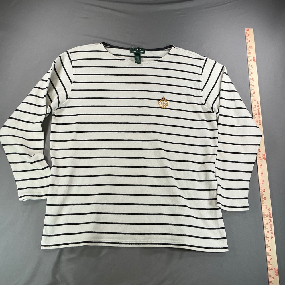 Lauren Ralph Lauren Womens Large Striped Boat Neck Crest Logo Long Sleeve Top